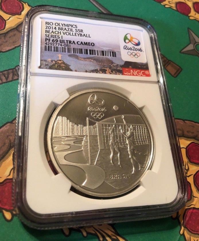 2014 Brazil Rio Olympics Volleyball Silver 5 Reais Coin (NGC Proof 69 Cameo)