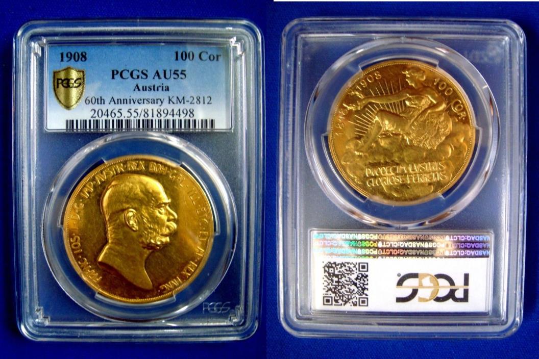 RARE AUSTRIA 100 Corona 1908 GOLD COIN PCGS AU55 LADY IN CLOUDS