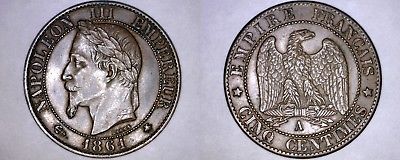 1861-A French 5 Centimes World Coin - France