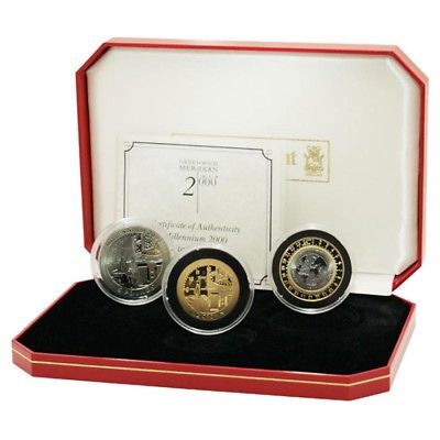 Gibraltar/Isle of Man Millennium 3 Coin Set Bimetallic Titanium & Gold 2000 Box