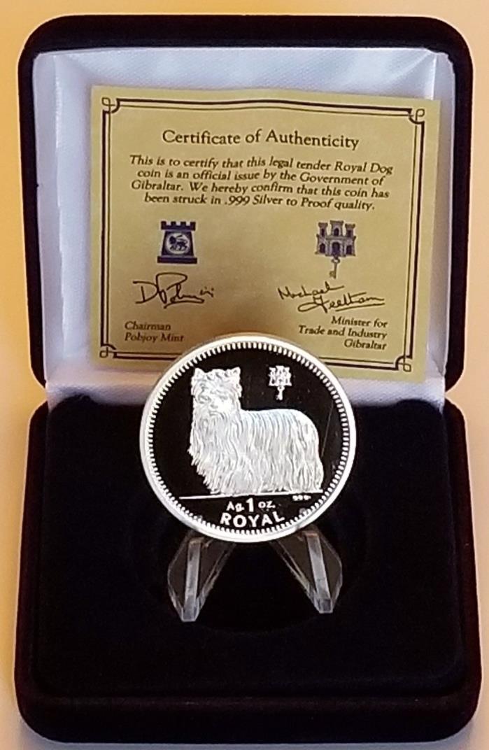 1997 Gibraltar Yorkshire Terrier Dog Silver Proof One Crown .999 Troy Oz