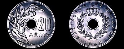 1959 Greek 20 Lepta World Coin - Greece