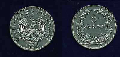 GREECE  1930  5  DRACHMA COIN, ALMOST UNCIRCULATED