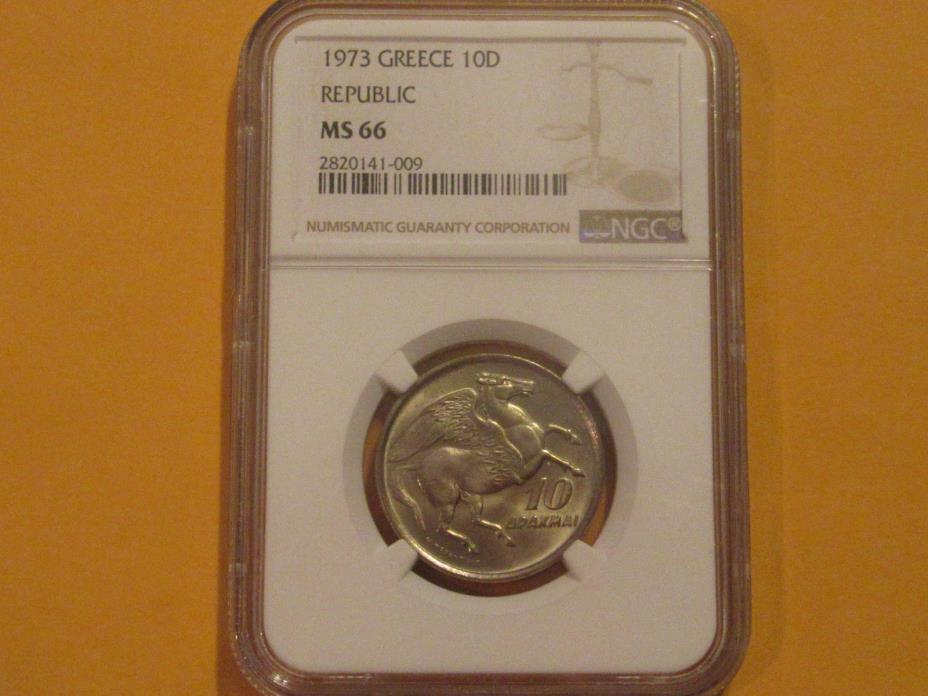 1973 NGC Graded MS 66 Greece Coin  10 Drachmai   Pegasus High grade coin