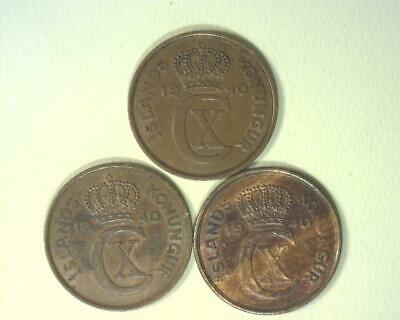 ICELAND 1940 *3 Coin lot Jewelry Crafts* 5 AURAR KM#7.2 EXTREMELY FINE ~RWC-510