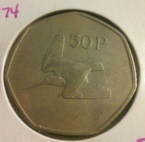1974 Ireland 50 Pence Coin - Woodcock Bird - KM#24 - (#JAN263)