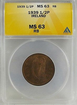 IRELAND 1939 1/2 HALF PENCE  ANACS MS63 RB
