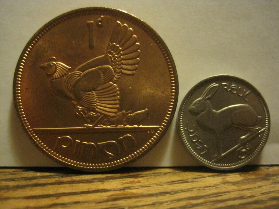 Ireland ANIMAL COINS-Penny 1968 One pence Hen&THREE PENCE 3D RABBIT 1961 COIN