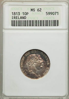 IRELAND GEORGE III  1813  10 PENCE SILVER BANK TOKEN CERTIFIED BY ANACS MS62