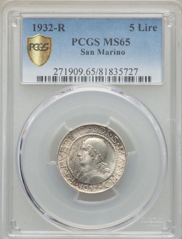 SAN MARINO 1932-R  5 LIRE SILVER COIN, GEM UNCIRCULATED, PCGS CERTIFIED MS-65