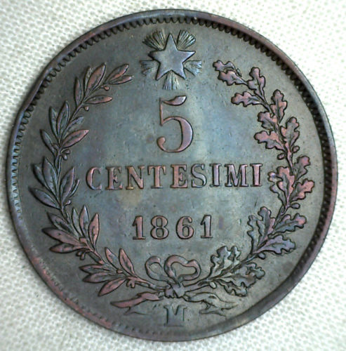 1861 M Italy 5 Centesimi Italian Copper 5 Cents Coin Extra Fine XF #P