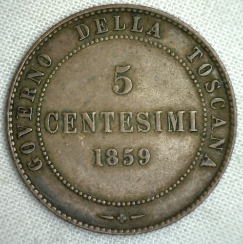1859 Italian States TUSCANY 5 Centesimi C# 83 Italy 5 Cents Copper Coin #P