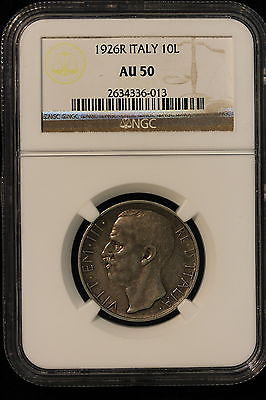 1926 R Italy. 10 Lire. NGC Graded AU-50.