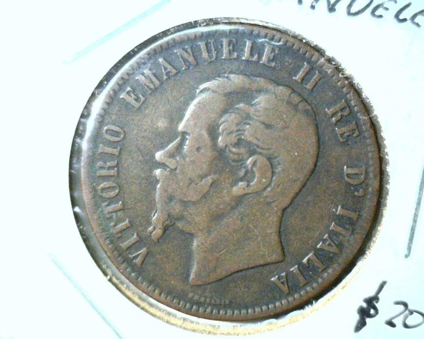 1863 Italy 10 Centesimi Coin KM#11.2  Very Fine
