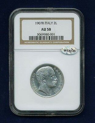 ITALY KINGDOM  1907-R 2 LIRE SILVER COIN ALMOST UNCIRCULATED, NGC CERTIFIED AU58