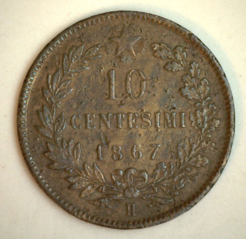 1867 Copper Italy 10 Centesimi Italian Coin VF
