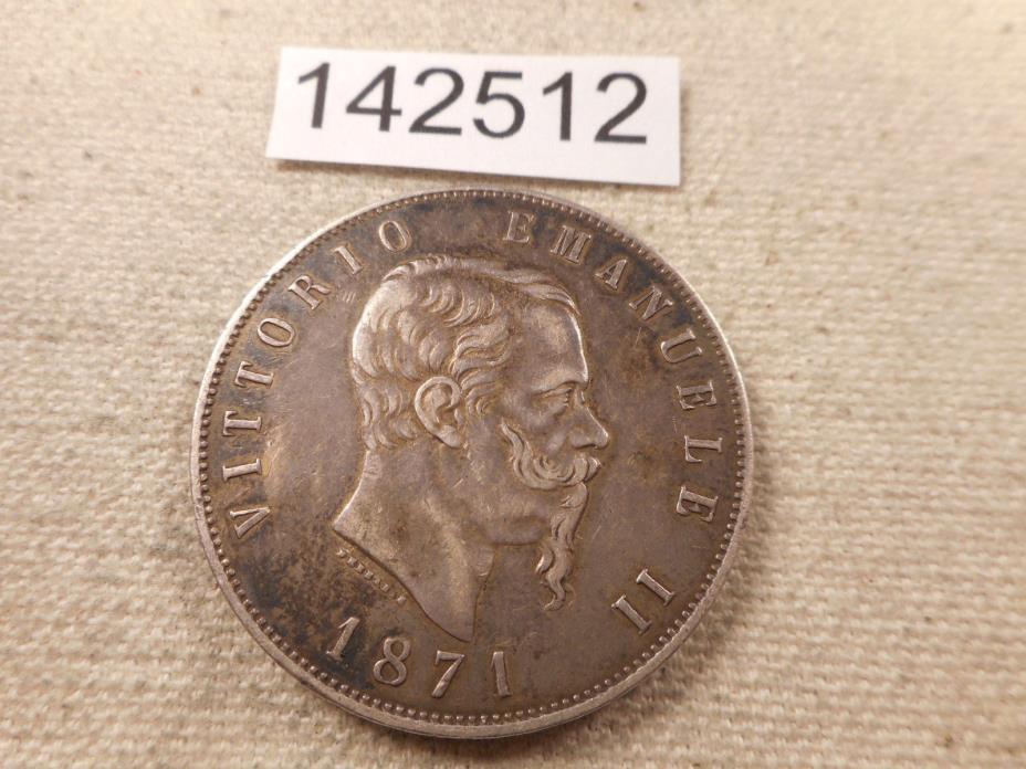1871 Italy 5 Lire Very Nice Collector Grade Coin - # 142512 Rim Ding Reverse