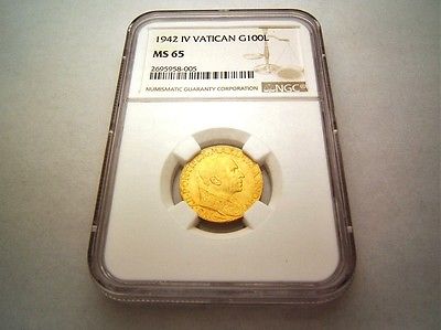 1942 100 Lire Vatican Gold Coin with Pope Pius XII NGC MS65