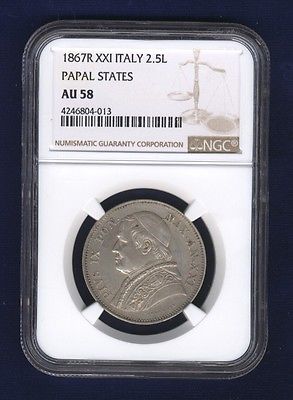 ITALY PAPAL STATES POPE PIUS IX  1867  2 1/2 LIRE SILVER COIN NGC CERTIFIED AU58