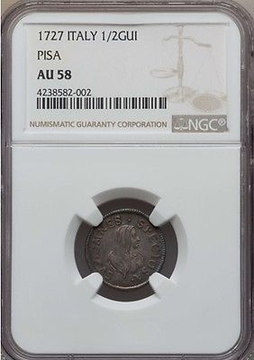ITALY / ITALIAN STATES   PISA  1727  1/2 GIULIO SILVER COIN, NGC CERTIFIED AU58