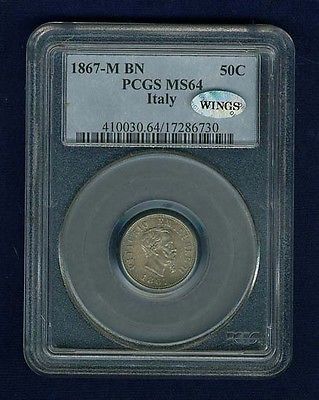 ITALY KINGDOM 1867-M  50 CENTESIMI COIN CHOICE UNCIRCULATED, PCGS CERTIFIED MS64