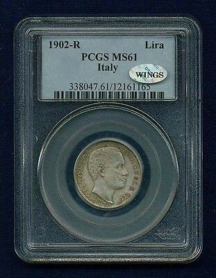 ITALY KINGDOM  1902-R 1 LIRA SILVER COIN UNCIRCULATED, PCGS CERTIFIED MS61