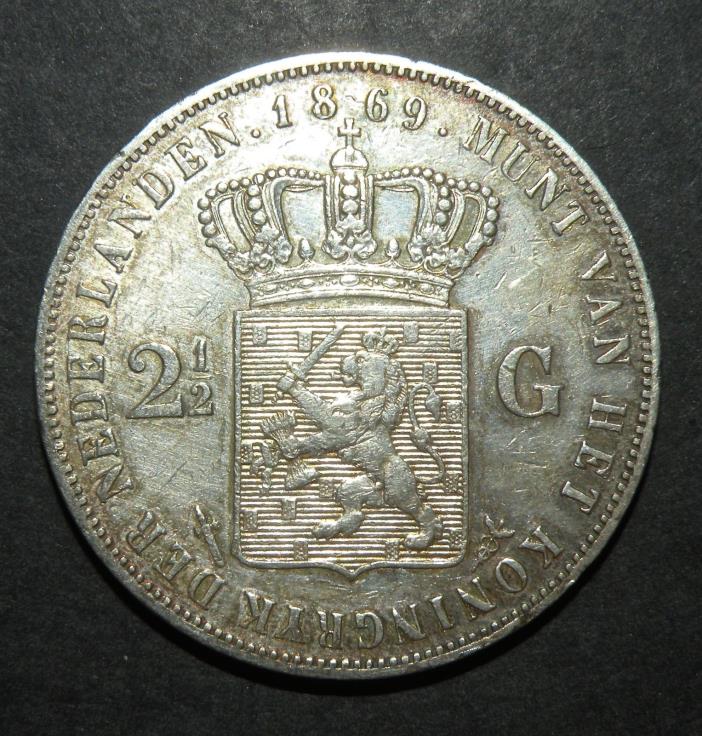 Netherlands Coin 2-1/2 Gulden Silver 1869 Willem Koning III Antique Dutch Lot BU