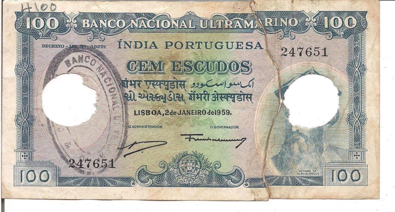 PORTUGAL , PORTUGUESE  INDIA, 100 ESCUDOS, W/ unusual stamped 