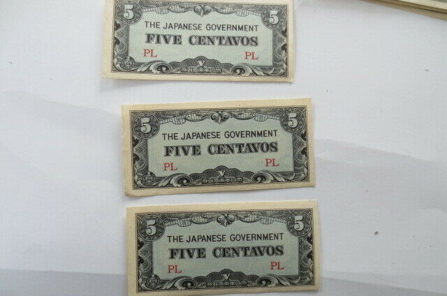 3 De Japansche Regeering  Japanese Gov't Five  Centavos Paper Bills WW2, free sh