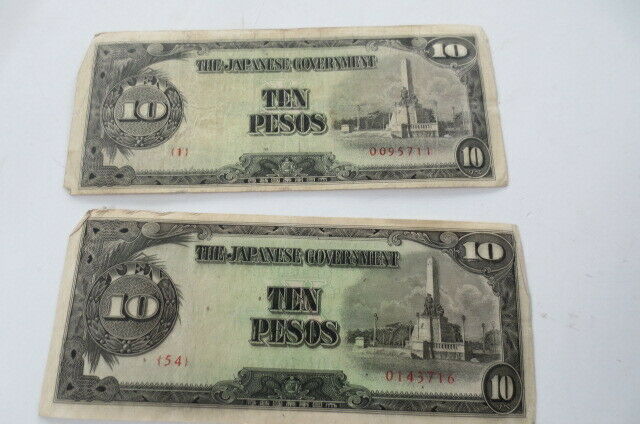 Japanese Government 10 Ten Pesos Foreign Paper Money LOT OF 2, Free ship