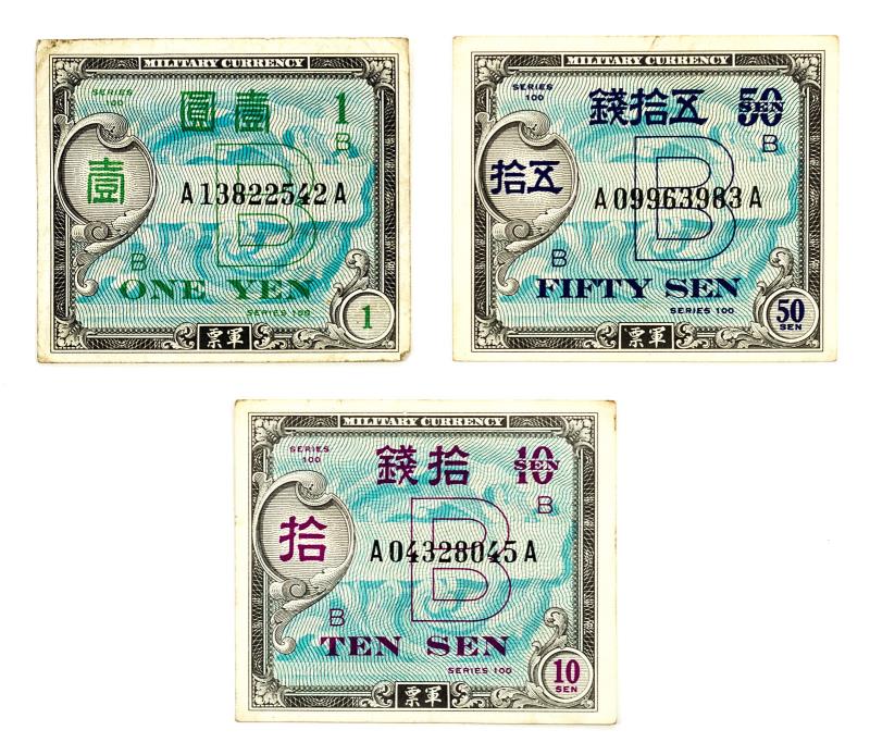 Set of 3 diff. Japan WW2 allied military currency  circ. f+ - lightly stained