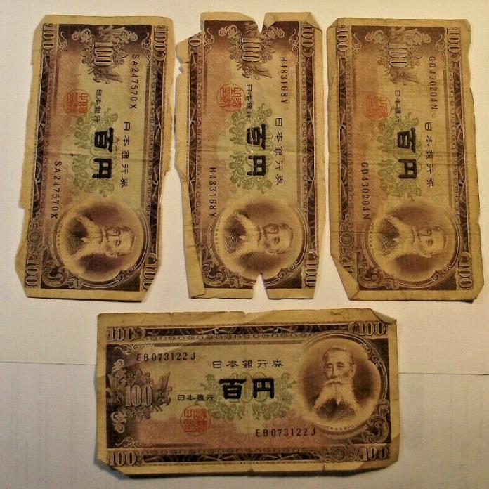 Old Colorful Japanese 100 Yen Currency Note*4 BANKNOTES*TEARS/WRINKLES(LOT MC114