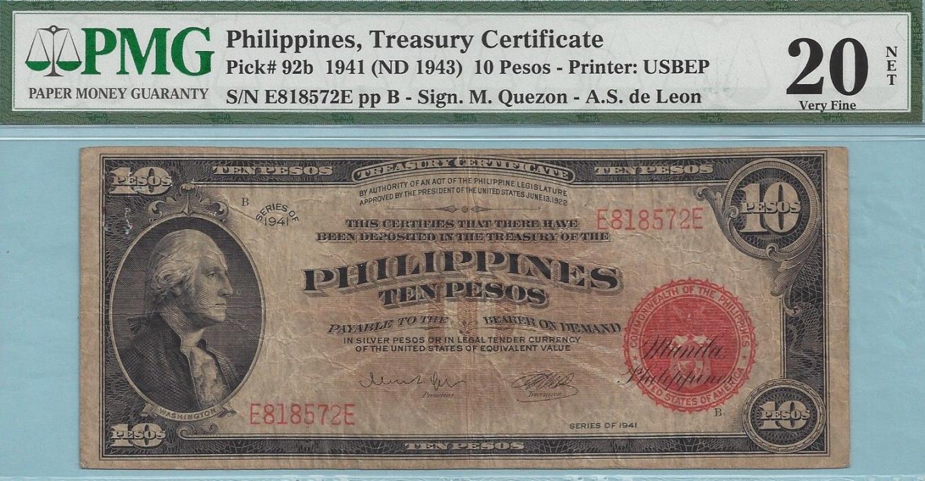1941 Philippines 10 Pesos Treasury Cert ~ P92b ~ Bureau of Standards ~ PMG VF20
