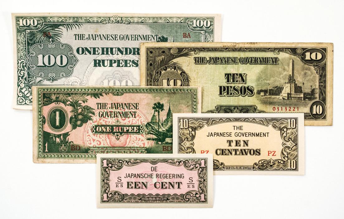 5 diff. WW2 1940's Japanese invasion paper money Burma, NEI, Philippines