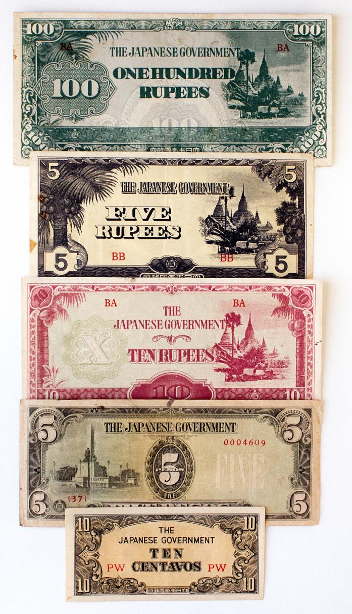 5 diff. Burma and Philippines WW2 1940's Japanese invasion paper money circ.-Unc