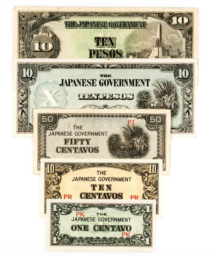 5 diff. WW2 Philippines 1940's Japanese invasion paper money circ.-Au