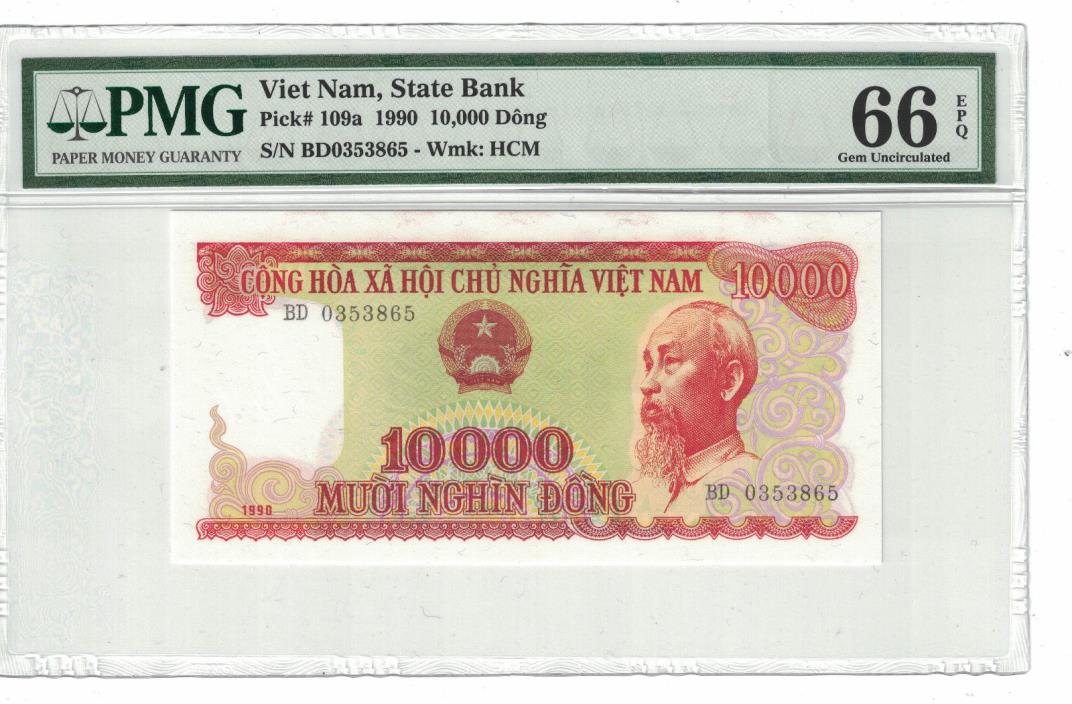 VIETNAM 10.000 DONG 1990 PICK# 109a  PMG: 66 EPQ GEM UNC. (#1105)