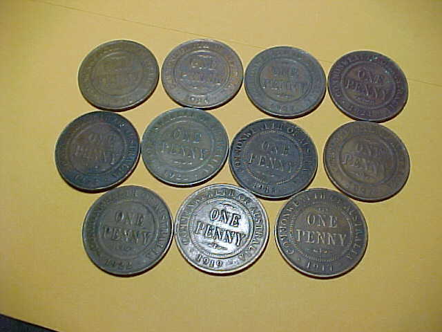 TOKEN COINS AUSTRALIA LARGE CENT PENNIES , 11 PENNIES 1913 TO 1922