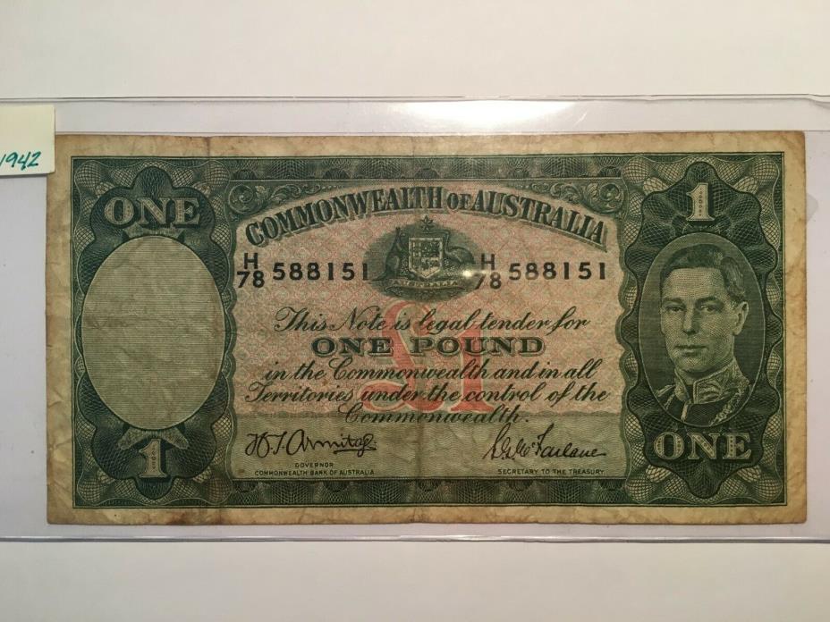 1942 Australia 1 One Pound Banknote, Pick 26b, Legal Tender, Armitage/McFarlane