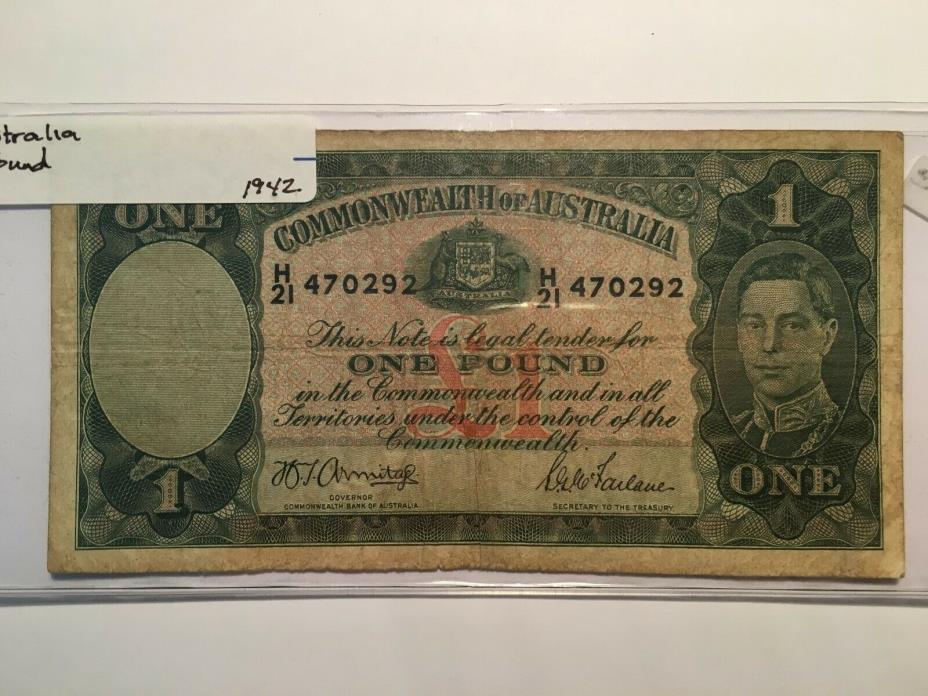1942 Australia 1 One Pound Banknote, Legal Tender Pick 26b Armitage/McFarlane