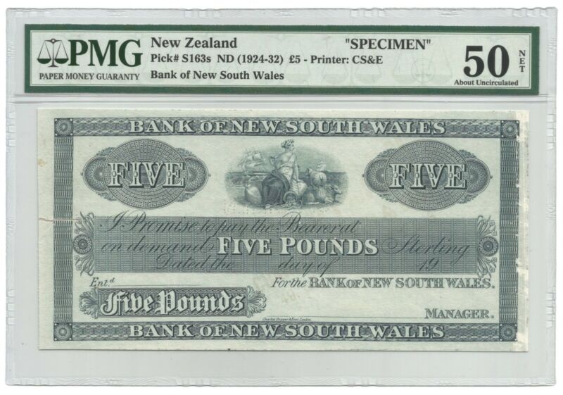 New Zealand Bank of New South Wales 5 Pounds 1924-32 P#S163s SPECIMEN PMG 50 NET