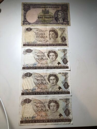 New Zealand 1x 1 Pound and 4x 1 Dollar Lot of 5 Notes