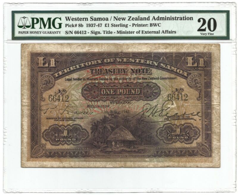 Western Samoa Pound 12.11.1942 P#8b Banknote PMG 20 - Very Fine