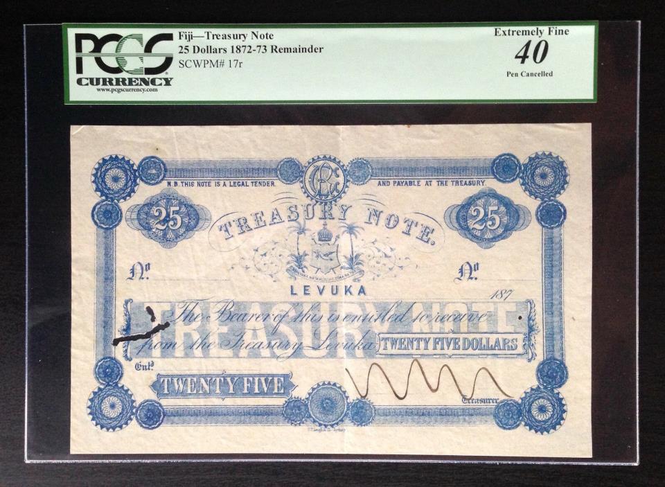 Fiji, Levuka Treasury Note, $25, 1872-73, P-17r Remainder, PCGS XF40 Holes, Rust