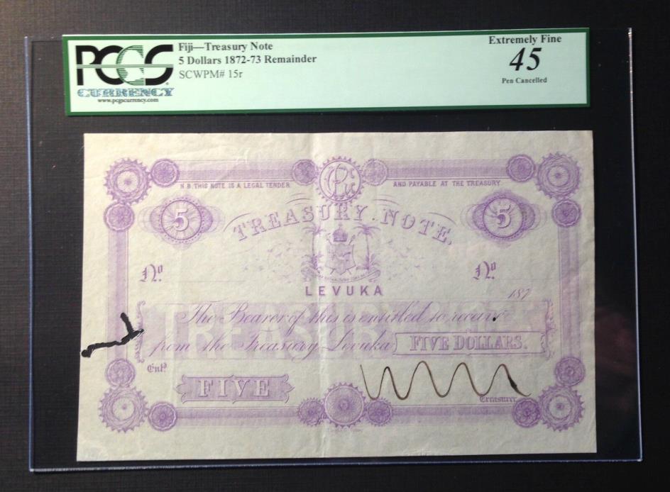 Fiji, Levuka Treasury Note, $5, 1872-73, P-15r Remainder, PCGS XF45 Holes