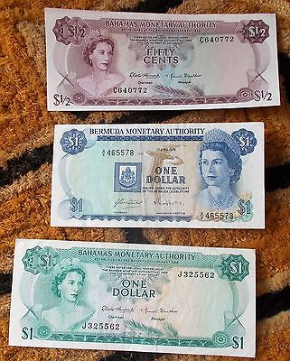 QE2 QUEEN ELIZABETH  BAHMAS  BRITISH COLONY YOUNG NOTES BERMUDA MONEY OLD LOT
