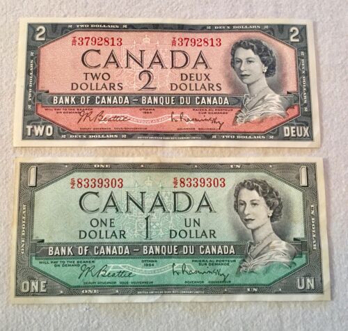 1954 Bank of Canada $1 & $2 BankNotes - Barely Circulated - Excellent - VGC