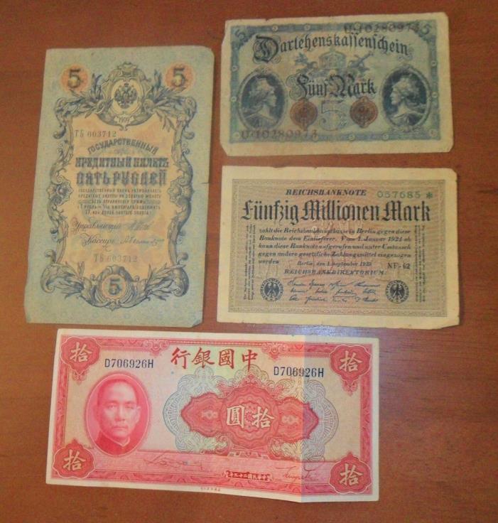 Vintage International Paper Money, Currency, Banknotes: Russian, German, China