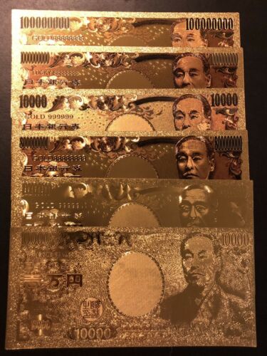 6 Pcs Japanese Yen Gold Plated (GOLD FOIL) Bills(banknotes)/ Copy