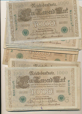 M 1388  LOT OF 50  REICHSBANKNOTE GERMANY CURRENCY 1000 GREEN SEAL